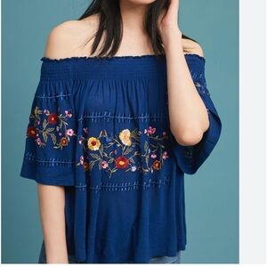 Anthropologie Washoe Off-The-Shoulder Blouse Embroidered Blue top size XS
